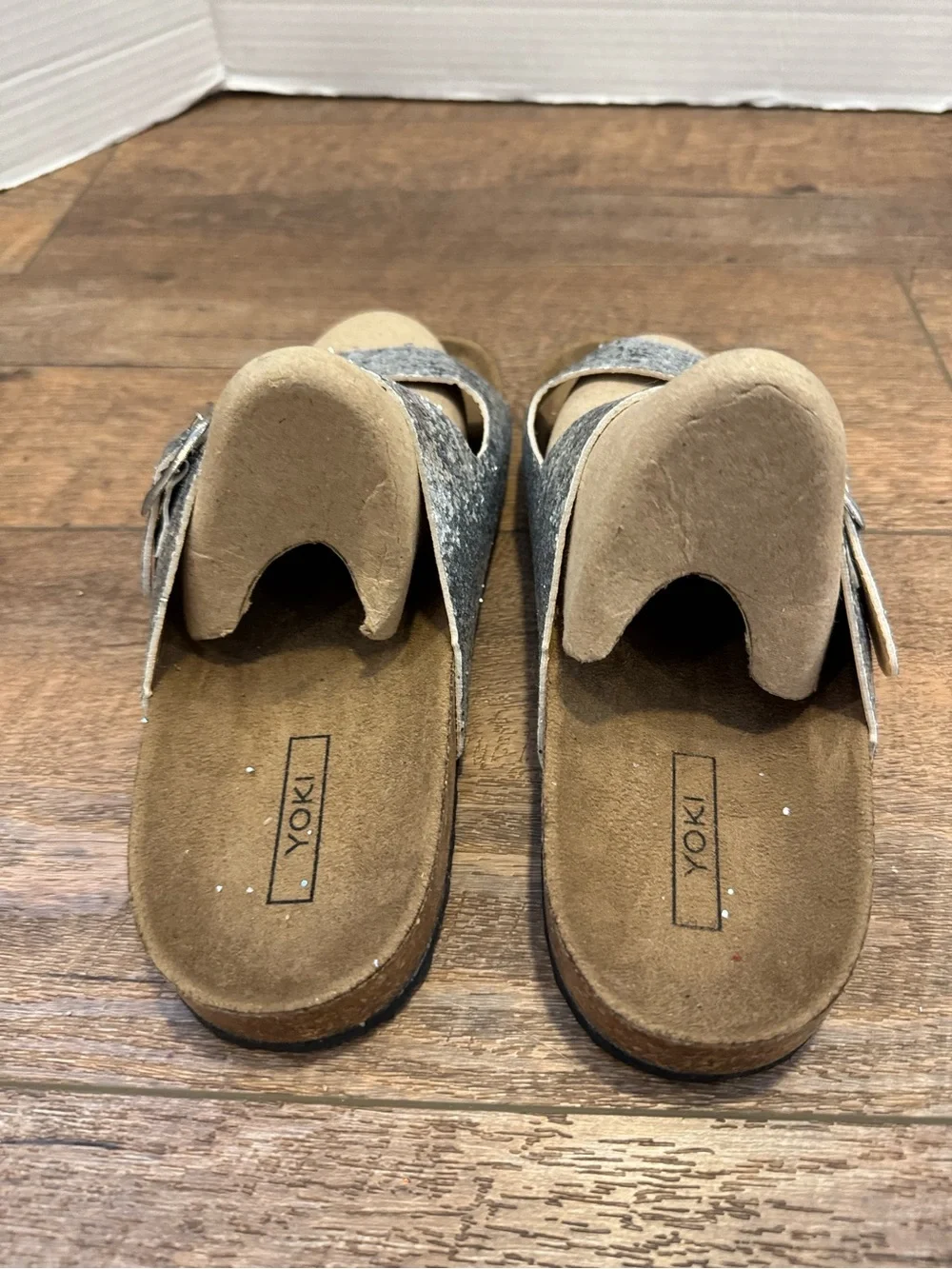 Yoki Silver Glitter Double-Buckle Slide Sandals Tan Cork-Style Soles Size 8.5